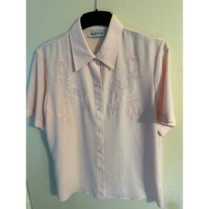 Butterfly Blouse Apparenza Embroidered Embellished‎ Pearl Button Pink Medium